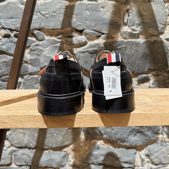 Thom Browne Black Pebbled Grosgrain Tricolour Strap Long Wingtip Shoes - Picture 5 of 11